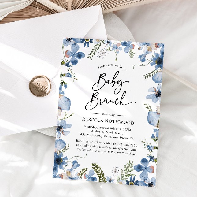 Convite Dusty Blue Watercolor Floral Blue Baby Brunch (Criador carregado)