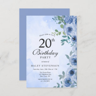 Convite Dusty Blue Watercolor Floral Chic 20 Birthday