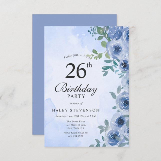 Convite Dusty Blue Watercolor Floral Chic 26º Aniversário (Frente/Verso)