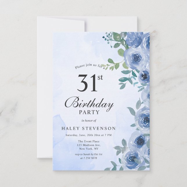 Convite Dusty Blue Watercolor Floral Chic 31º Aniversário (Frente)