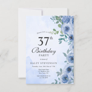 Convite Dusty Blue Watercolor Floral Chic 37º Aniversário