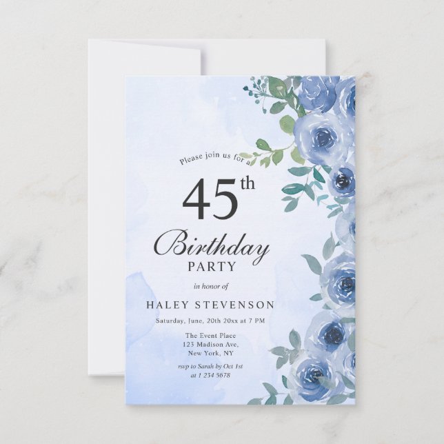 Convite Dusty Blue Watercolor Floral Chic 45º Aniversário  (Frente)