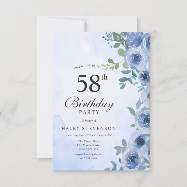 Convite Dusty Blue Watercolor Floral Chic 58º Aniversário  (Frente)