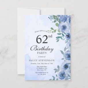 Convite Dusty Blue Watercolor Floral Chic 62º Aniversário