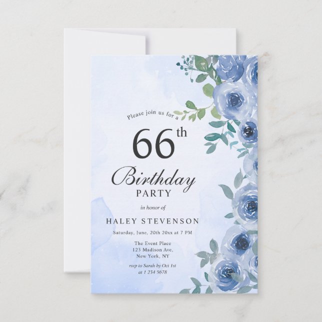 Convite Dusty Blue Watercolor Floral Chic 66º Aniversário  (Frente)