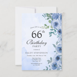 Convite Dusty Blue Watercolor Floral Chic 66º Aniversário