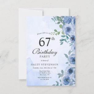 Convite Dusty Blue Watercolor Floral Chic 67º Aniversário