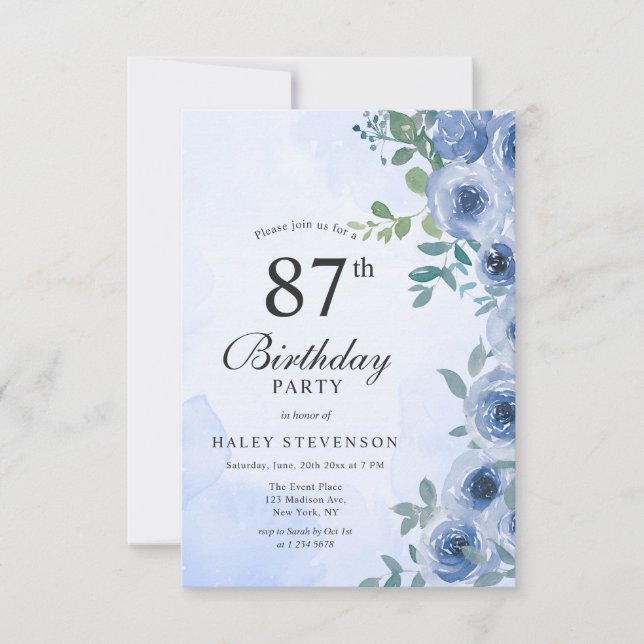Convite Dusty Blue Watercolor Floral Chic 87º Aniversário (Frente)