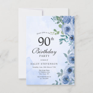 Convite Dusty Blue Watercolor Floral Chic 90 Birthday