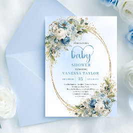 Convite Dusty Blue Watercolor Floral Gold Baby Shower Card