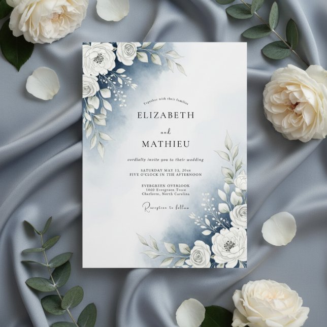 Convite Dusty Blue Watercolor Floral Wedding (Criador carregado)