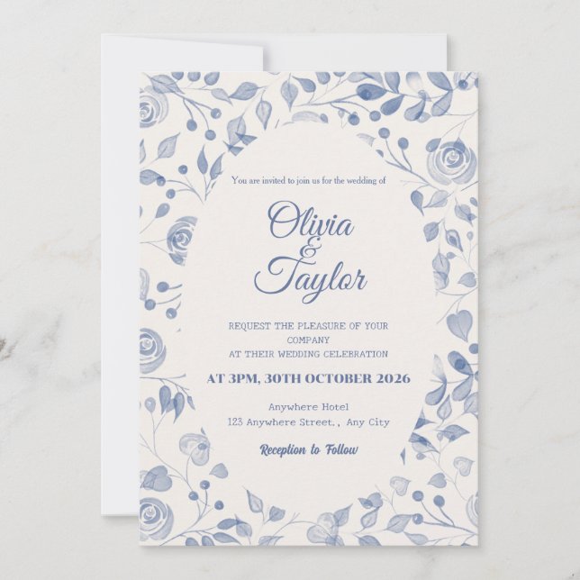 Convite Dusty Blue Watercolor Floral Wedding Invitation (Frente)