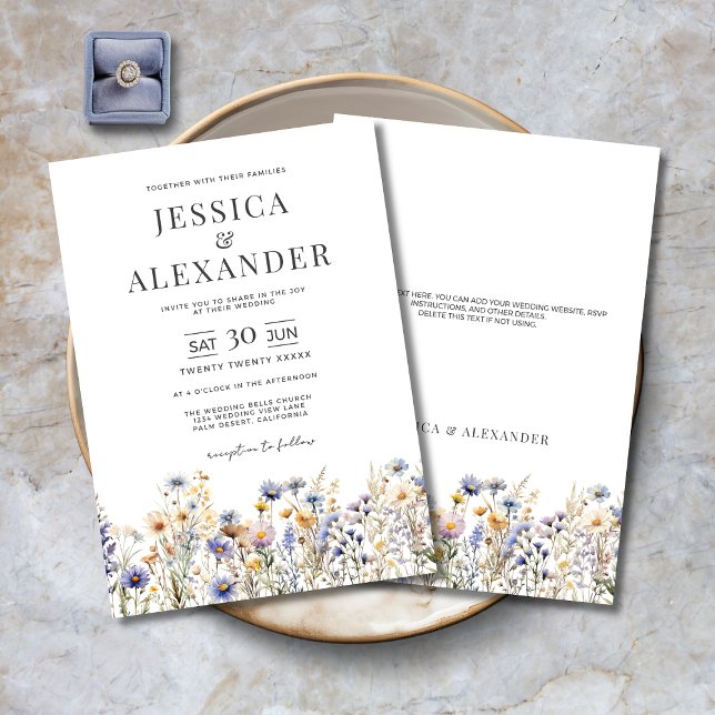 Convite Dusty Blue Watercolor Flores Selvagens Casamento L (Dusty Blue Watercolor Wildflowers Elegant Wedding Invitation with Optional Text on Back for RSVP etc)