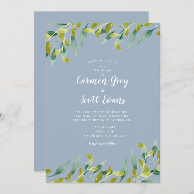 Convite Dusty Blue Watercolor Greenery Eucalyptus Wedding (Frente/Verso)