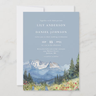 Convite Dusty Blue Watercolor Mountain Code Casamento