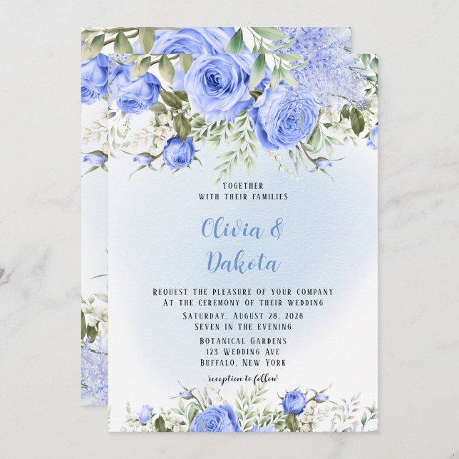 Convite Dusty Blue Watercolor Peony Blossoms Casamento Chi (Frente/Verso)