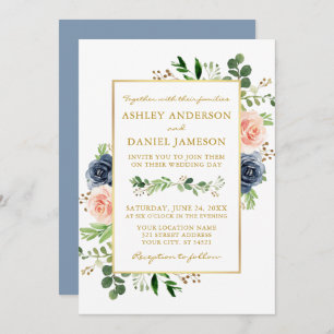 Convite Dusty Blue Watercolor Rosas Casamento Dourado