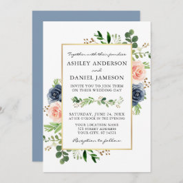 Convite Dusty Blue Watercolor Rosas Greenery Wedding