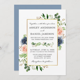 Convite Dusty Blue Watercolor Rosas Greenery Wedding