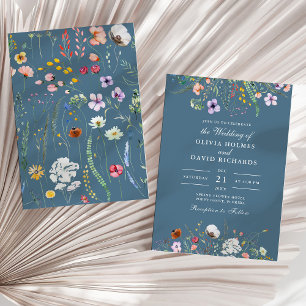 Convite Dusty Blue Watercolor Wildflower Meadow Casamento