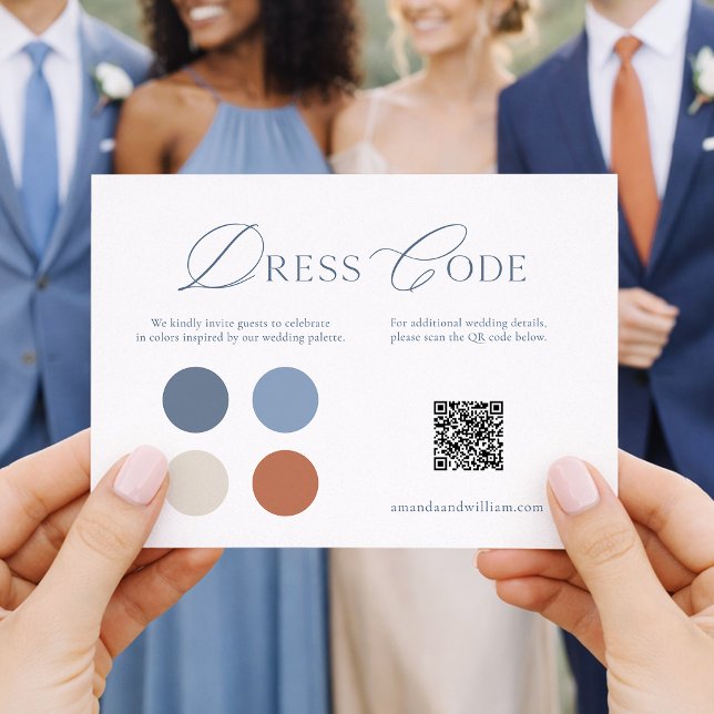 Convite Dusty Blue Wedding Dress Code Card with QR Code (Criador carregado)
