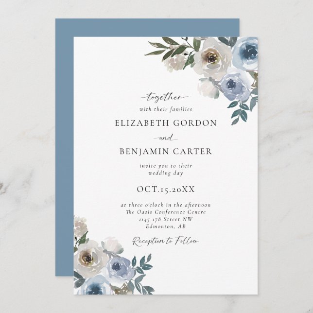 Convite Dusty Blue Wedding Floral Elegante Rustic (Frente/Verso)
