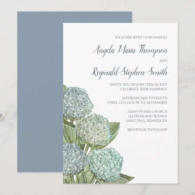 Convite Dusty Blue Wedding Modern Hydrangea Simples (Frente/Verso)