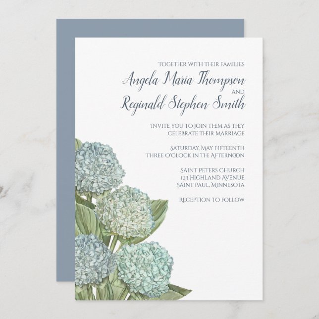 Convite Dusty Blue Wedding Modern Hydrangea Simples (Frente/Verso)