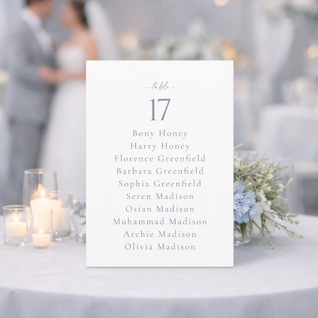 Convite Dusty Blue Wedding Table Number with Guest List (Criador carregado)