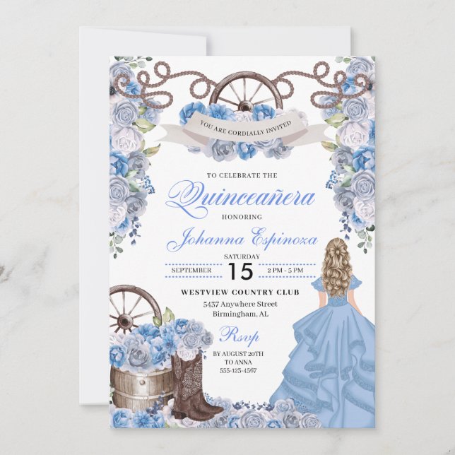 Convite Dusty Blue Western Ranchero Quinceanera (Frente)