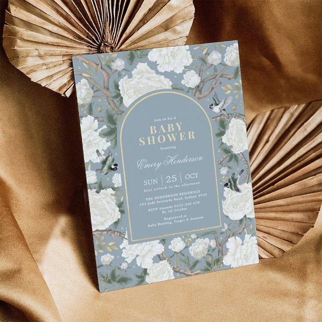 Convite Dusty Blue White Chinoiserie Floral Baby Shower (Criador carregado)