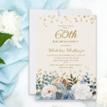 Convite Dusty Blue White Floral Dourado 60º aniversário<br><div class="desc">Rosas brancas e azuis empoeiradas,  florais e verdes,  o 60º convite de aniversário feminino com brilho dourado. Este convite é impresso em ambos os lados. Entre em contato comigo para obter assistência com suas personalizações ou para solicitar outros produtos Zazzle correspondentes ou coordenadores para o seu partido.</div>