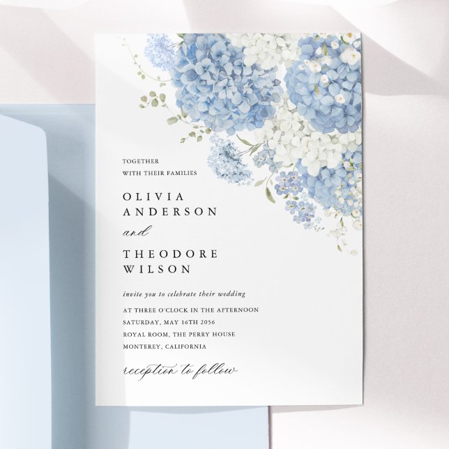 Convite Dusty Blue White Floral Elegant Wedding (Dusty blue white floral wedding invitation, watercolor hydrangea, elegant minimalist flat lay)