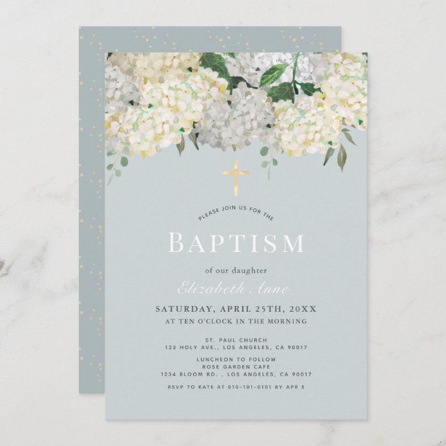 Convite Dusty Blue & White Hydrangea Baptism (Frente/Verso)