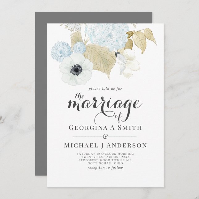 Convite Dusty Blue White Marinho Anemone BUDGET Casamento (Frente/Verso)