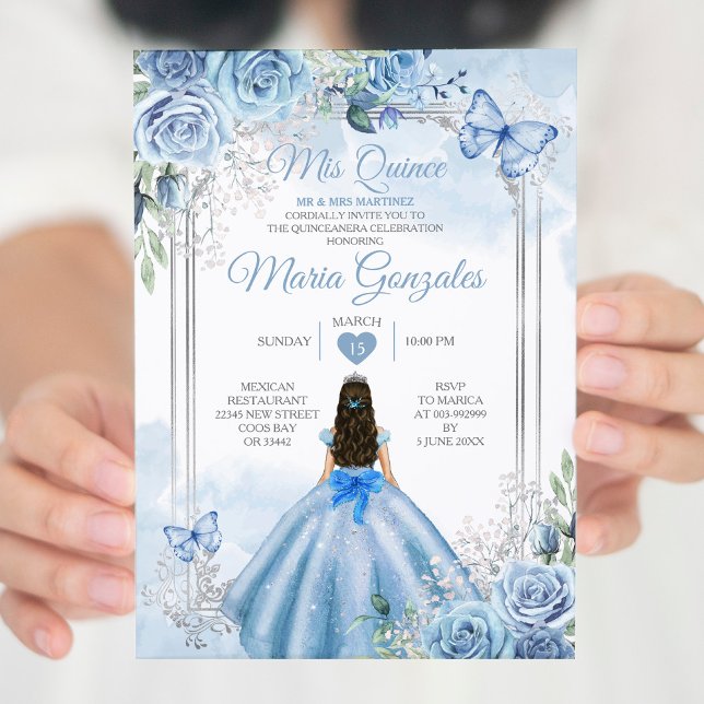 Convite Dusty Blue & White Mis Quince 15 Anos Silver Crown (Criador carregado)