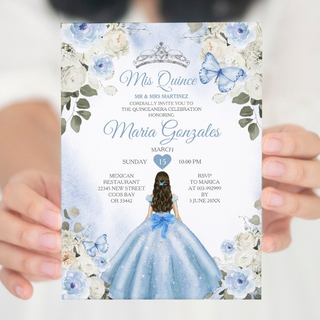 Convite Dusty Blue & White Mis Quince 15 Anos Silver Crown (Criador carregado)