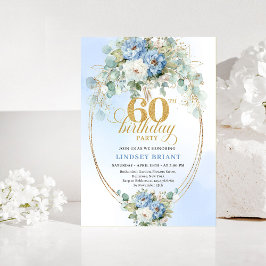 Convite Dusty blue white peony gold floral 60th birthday 