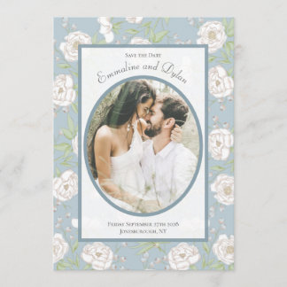 Convite Dusty Blue White Rose Wedding Photo Save the Date