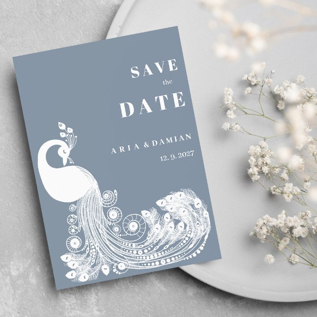 Convite Dusty blue white royal peacock chic Save the Date (Dusty blue white royal peacock chic Save the Date )