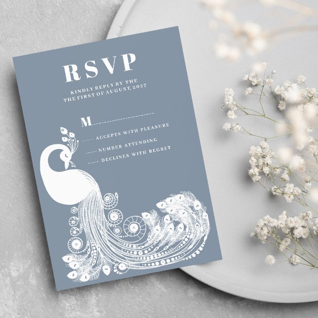 Convite Dusty blue white royal peacock elegant RSVP (Dusty blue white royal peacock elegant RSVP)