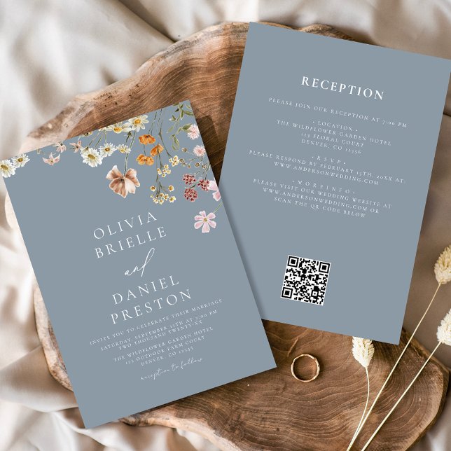 Convite Dusty Blue Wildflower All in One QR Code Wedding (Criador carregado)