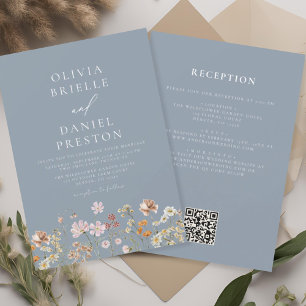 Convite Dusty Blue Wildflower All in One QR Code Wedding