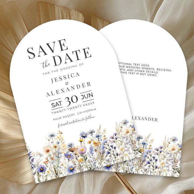Convite Dusty Blue Wildflower Arch Salva a Data (Dusty Blue Watercolor Wildflower Wedding Arch Save the Date, White Background, Optional Text on Back)