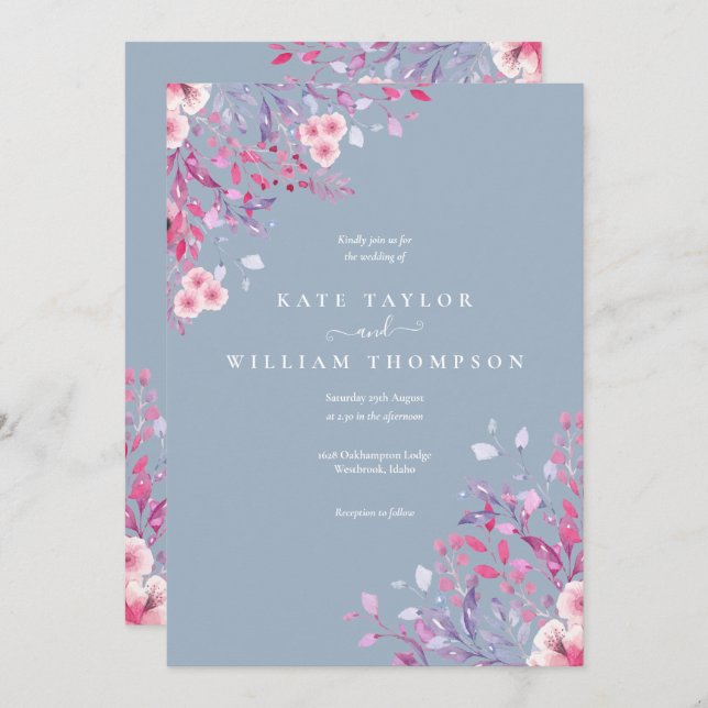 Convite Dusty Blue Wildflower Casamento Floral (Frente/Verso)