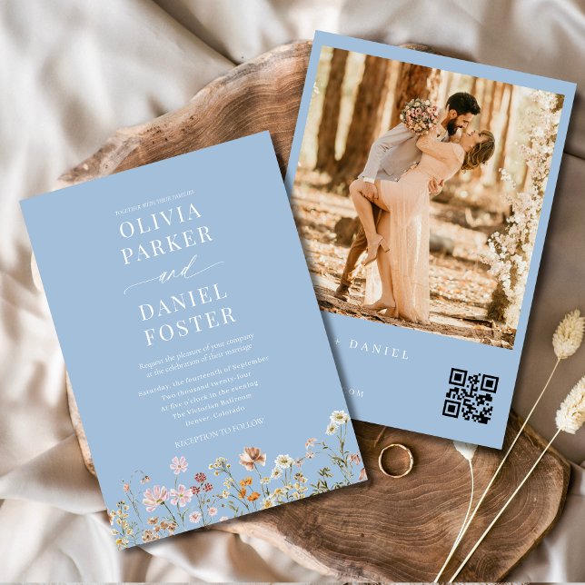 Convite Dusty Blue Wildflower Código QR Foto Boho Casament (Criador carregado)