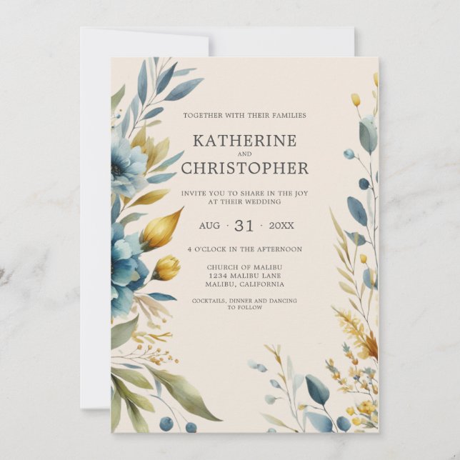 Convite Dusty Blue Wildflower Elegant Beige Wedding (Frente)