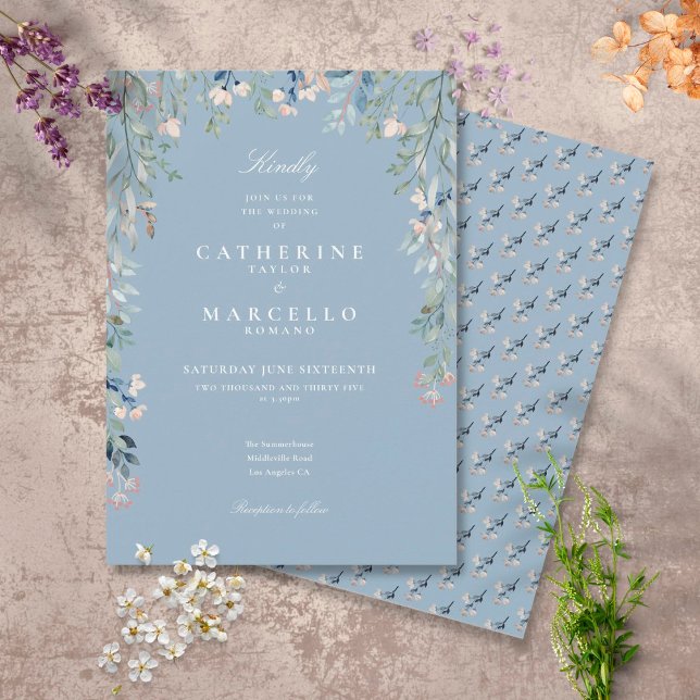 Convite Dusty Blue Wildflower Floral Greenery Casamento (Criador carregado)