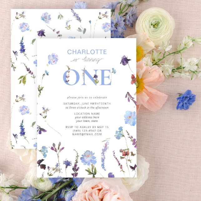 Convite Dusty Blue Wildflower girando um primeiro aniversa (1st Birthday Invitation)