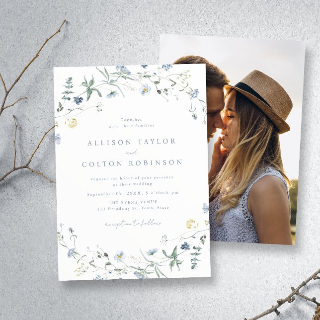 Convite Dusty Blue Wildflower Rustic Boho Foto de Casament (Dusty Blue Wildflower Rustic Boho Wedding Photo Invitation)
